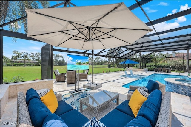 4701 Oak Leaf Dr, Naples, FL 34119 - view of pool featuring outdoor lounge area, a patio, a lanai, and a lawn