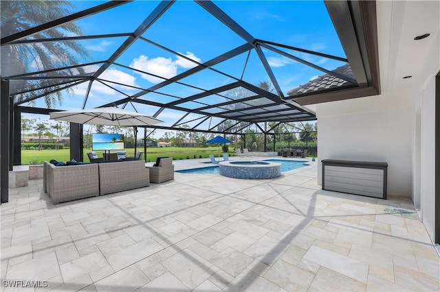 4701 Oak Leaf Dr, Naples, FL 34119 - view of patio / terrace featuring an outdoor living space, a lanai, and a pool with connected hot tub