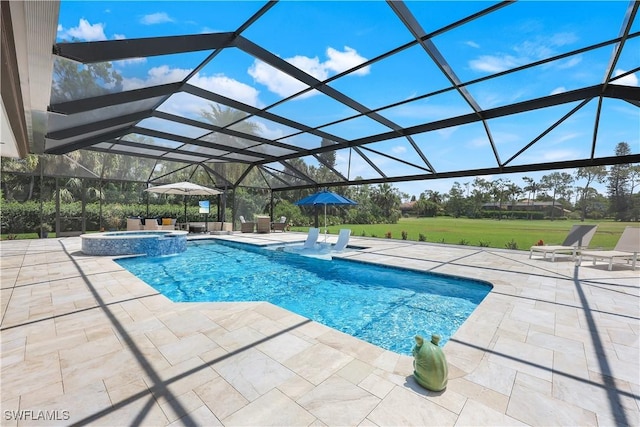 4701 Oak Leaf Dr, Naples, FL 34119 - view of pool featuring a patio, a pool with connected hot tub, a yard, and glass enclosure