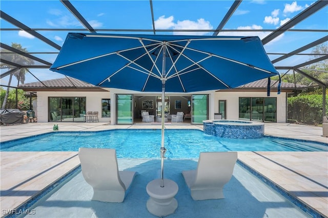 4701 Oak Leaf Dr, Naples, FL 34119 - view of pool featuring a patio, glass enclosure, a pool with connected hot tub, and grilling area