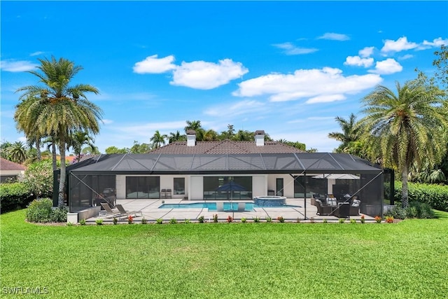 4701 Oak Leaf Dr, Naples, FL 34119 - back of property featuring a patio area, a lawn, a pool with connected hot tub, a chimney, and glass enclosure