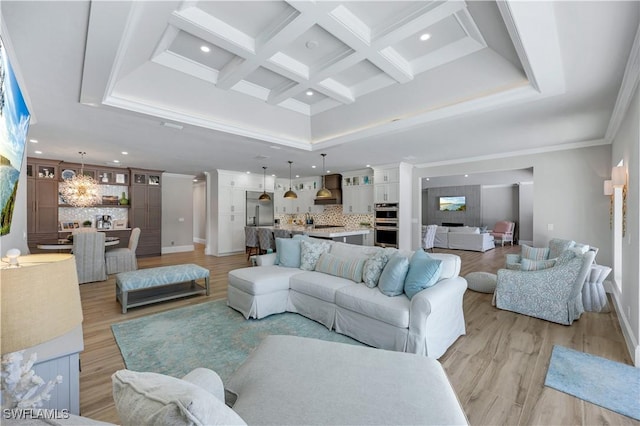 4701 Oak Leaf Dr, Naples, FL 34119 - living area with light wood finished floors, recessed lighting, coffered ceiling, beam ceiling, and baseboards