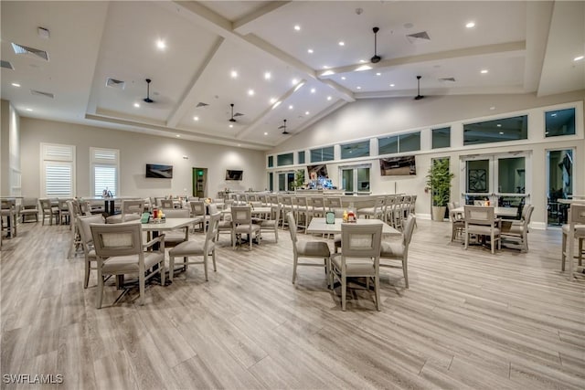 11260 Canopy Loop, Fort Myers, FL 33913 - dining room with ceiling fan, high vaulted ceiling, light wood-style flooring, beamed ceiling, and recessed lighting