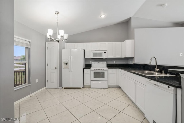 2903 NW 5th Pl, Cape Coral, FL 33993 - kitchen with white appliances, a sink, a chandelier, dark countertops, and white cabinets