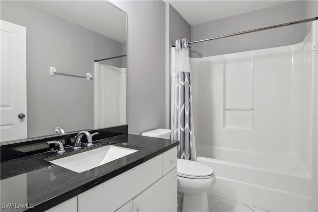 2903 NW 5th Pl, Cape Coral, FL 33993 - bathroom featuring toilet, shower / tub combo with curtain, vanity, and tile patterned floors