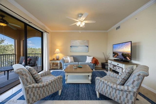 9731 Acqua Ct Unit 537, Naples, FL 34113 - living room featuring ceiling fan, ornamental molding, and baseboards