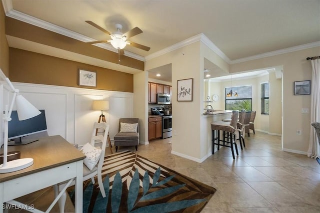 9731 Acqua Ct Unit 537, Naples, FL 34113 - home office with crown molding, ceiling fan, and light tile patterned floors