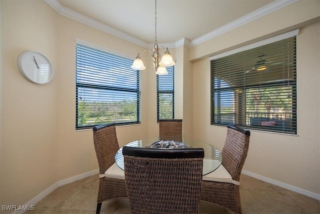 9731 Acqua Ct Unit 537, Naples, FL 34113 - tiled dining space with a chandelier, ornamental molding, and baseboards