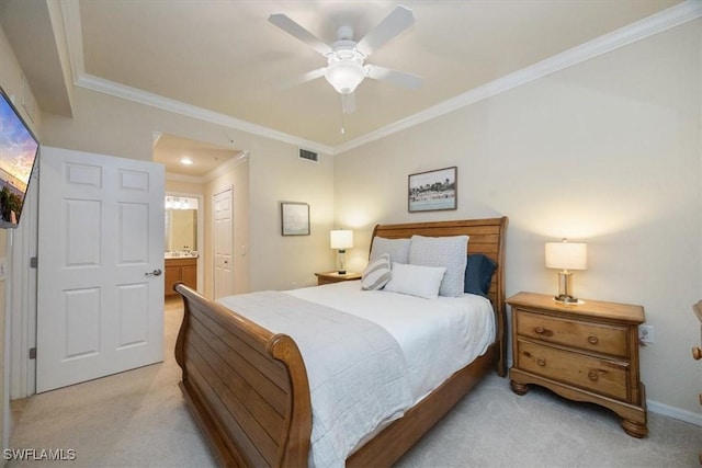 9731 Acqua Ct Unit 537, Naples, FL 34113 - bedroom featuring light carpet, crown molding, a closet, ensuite bathroom, and ceiling fan