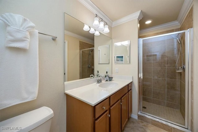 9731 Acqua Ct Unit 537, Naples, FL 34113 - bathroom with crown molding, vanity, toilet, a stall shower, and tile patterned flooring
