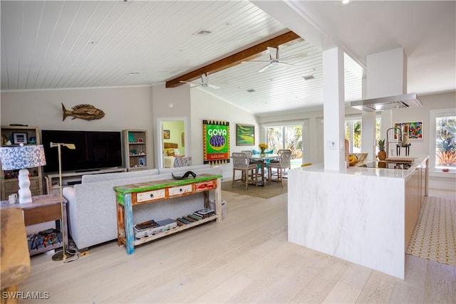 5880 Shady Oaks Ln, Naples, FL 34119 - living room featuring light wood-type flooring, a ceiling fan, and wooden ceiling