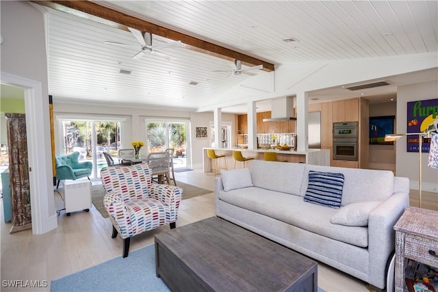 5880 Shady Oaks Ln, Naples, FL 34119 - living area with light wood-style floors, wood ceiling, a ceiling fan, and baseboards