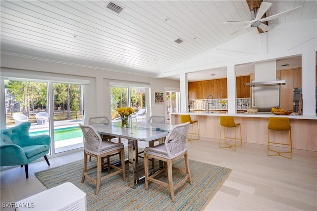 5880 Shady Oaks Ln, Naples, FL 34119 - dining room featuring a ceiling fan, wood ceiling, and vaulted ceiling