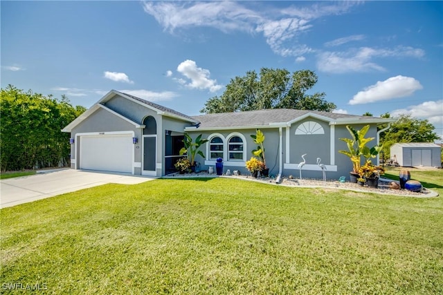14160 Cedardale St, Fort Myers, FL 33905 - ranch-style home featuring concrete driveway, a garage, a front yard, and stucco siding