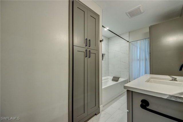 14160 Cedardale St, Fort Myers, FL 33905 - bathroom with marble look tiles, vanity, and shower / bath combination with curtain