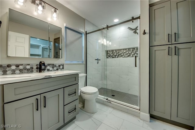 14160 Cedardale St, Fort Myers, FL 33905 - bathroom featuring marble finish floors, a shower stall, vanity, and toilet
