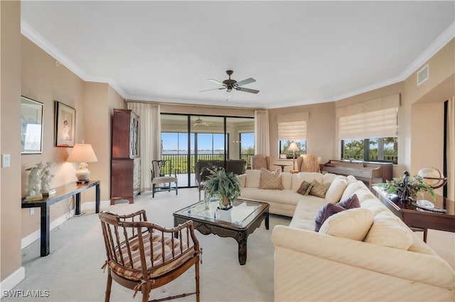 11640 Court Of Palms Unit 103, Fort Myers, FL 33908 - living room with ceiling fan, crown molding, light carpet, and baseboards
