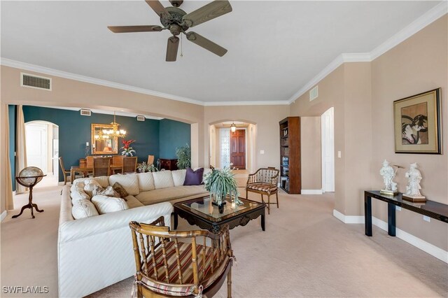 11640 Court Of Palms Unit 103, Fort Myers, FL 33908 - living area featuring arched walkways, light carpet, ornamental molding, baseboards, and ceiling fan