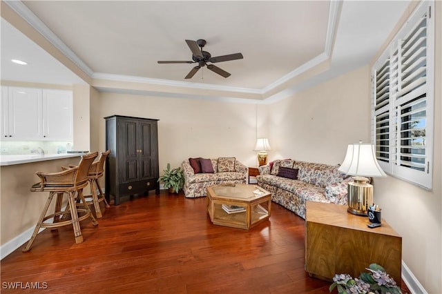 11640 Court Of Palms Unit 103, Fort Myers, FL 33908 - living area with ceiling fan, dark wood-type flooring, ornamental molding, a raised ceiling, and recessed lighting