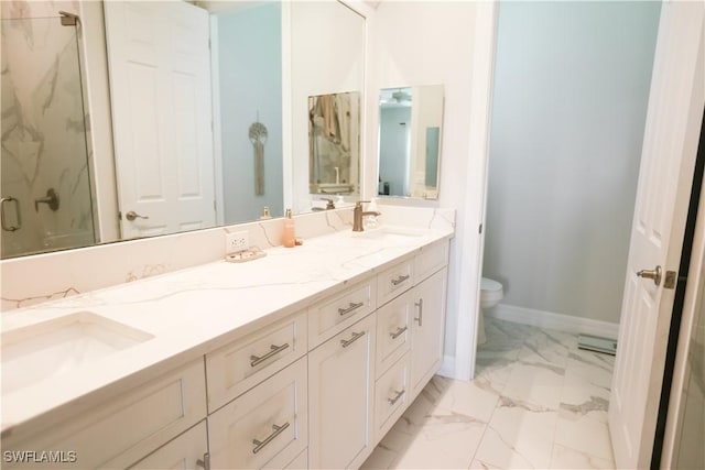 12083 Maiden Ln, Bonita Springs, FL 34135 - bathroom with double vanity, marble look tile flooring, toilet, a marble finish shower, and baseboards