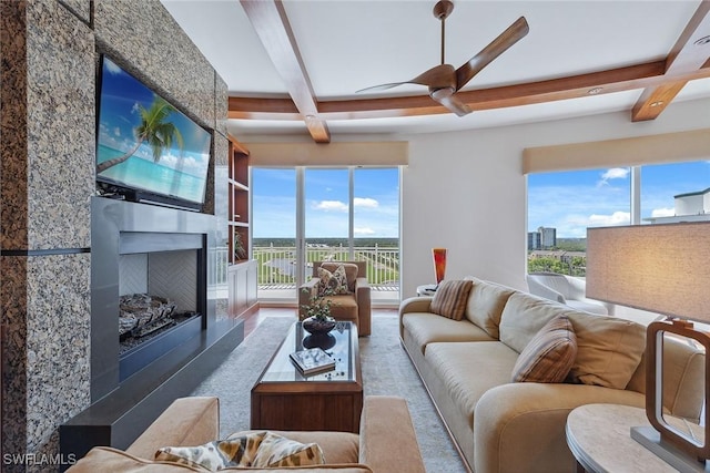13675 Vanderbilt Dr Ph 1105, Naples, FL 34110 - living room with beam ceiling, a large fireplace, and coffered ceiling