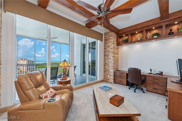13675 Vanderbilt Dr Ph 1105, Naples, FL 34110 - office area with light carpet, beam ceiling, a ceiling fan, and coffered ceiling