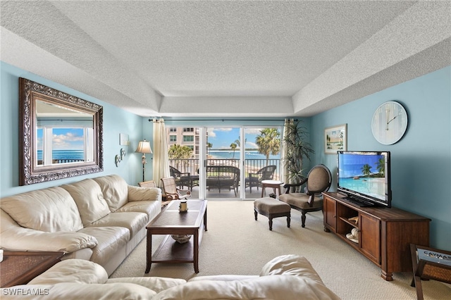1036 S Collier Blvd Unit A103, Marco Island, FL 34145 - living area with light colored carpet, a textured ceiling, and a tray ceiling