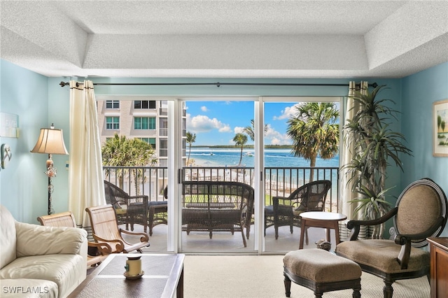 1036 S Collier Blvd Unit A103, Marco Island, FL 34145 - living area with a water view, a textured ceiling, a raised ceiling, and carpet flooring