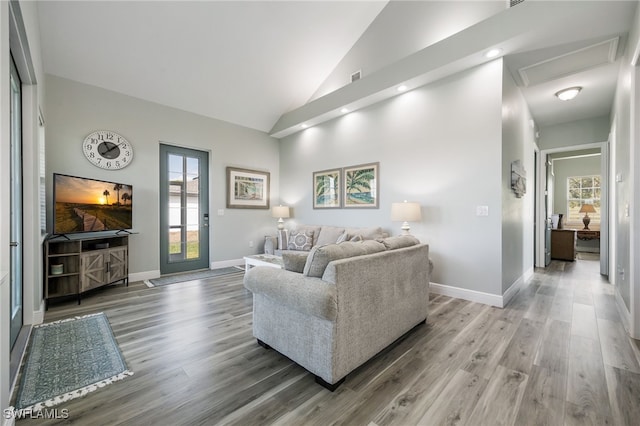 910 Gen George Patton Ave, Labelle, FL 33935 - living area with plenty of natural light, light wood finished floors, high vaulted ceiling, baseboards, and recessed lighting