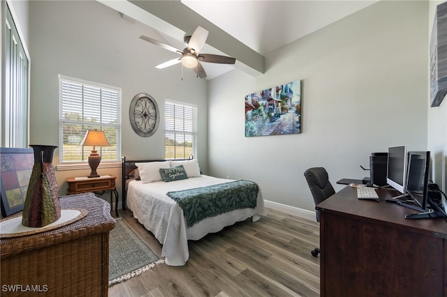 910 Gen George Patton Ave, Labelle, FL 33935 - bedroom with wood finished floors, baseboards, a desk, high vaulted ceiling, and a ceiling fan