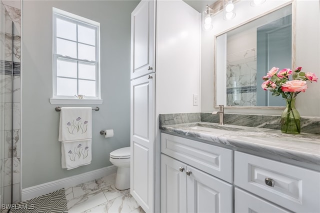 910 Gen George Patton Ave, Labelle, FL 33935 - bathroom with marble look tile flooring, vanity, toilet, baseboards, and a tile shower