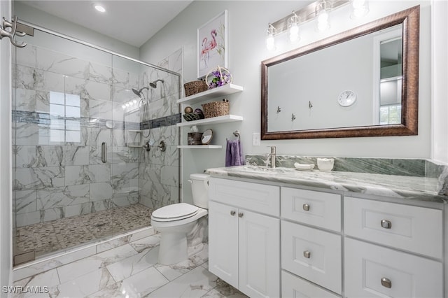 910 Gen George Patton Ave, Labelle, FL 33935 - bathroom with toilet, marble look tile flooring, a shower stall, vanity, and recessed lighting
