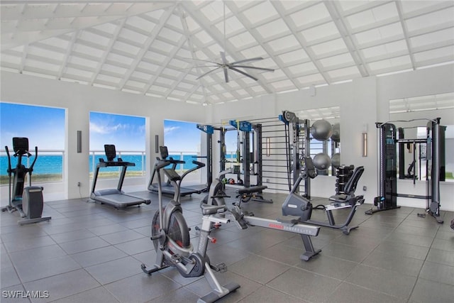 13945 Old Coast Rd Unit 2204, Naples, FL 34110 - exercise room featuring a ceiling fan, high vaulted ceiling, and beamed ceiling