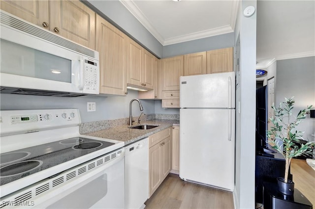 130 N Collier Blvd Unit A7, Marco Island, FL 34145 - kitchen with white appliances, a sink, light brown cabinets, ornamental molding, and light wood-style floors