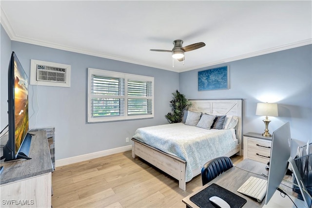 130 N Collier Blvd Unit A7, Marco Island, FL 34145 - bedroom featuring ornamental molding, light wood-type flooring, baseboards, an AC wall unit, and a ceiling fan