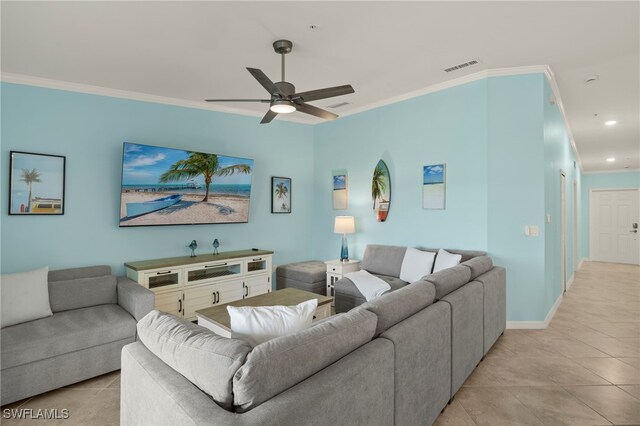 15960 Grassland Ln Unit 2726, Punta Gorda, FL 33982 - living area with light tile patterned floors, crown molding, a ceiling fan, recessed lighting, and baseboards
