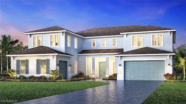 9127 Wisteria Way, Naples, FL 34114 - view of front of property with decorative driveway, an attached garage, stucco siding, a front lawn, and roof with shingles