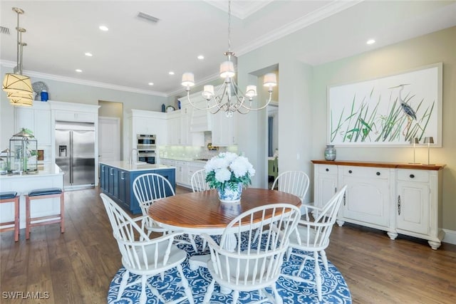 9010 Arrezo Ct, Naples, FL 34119 - dining room with recessed lighting, dark wood-style flooring, crown molding, and a chandelier