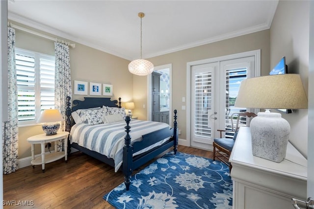 9010 Arrezo Ct, Naples, FL 34119 - bedroom featuring access to exterior, ornamental molding, and wood finished floors