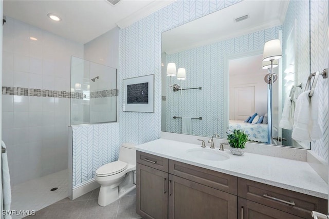 9010 Arrezo Ct, Naples, FL 34119 - full bath featuring walk in shower, wallpapered walls, vanity, tile patterned floors, and connected bathroom