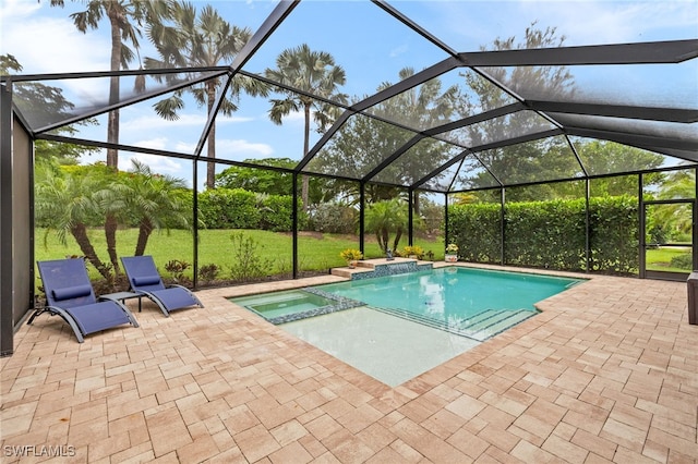 14687 Topsail Dr, Naples, FL 34114 - view of swimming pool with a patio area, a pool with connected hot tub, and glass enclosure