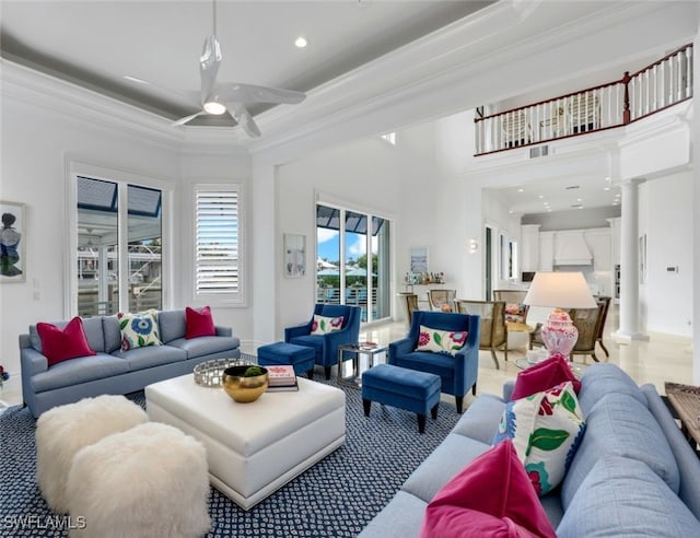 434 Conners Ave, Naples, FL 34108 - living area featuring ornamental molding, ceiling fan, a towering ceiling, decorative columns, and recessed lighting