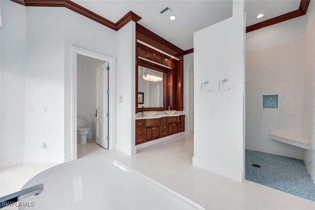 434 Conners Ave, Naples, FL 34108 - bathroom featuring a soaking tub, vanity, ornamental molding, walk in shower, and tile patterned flooring