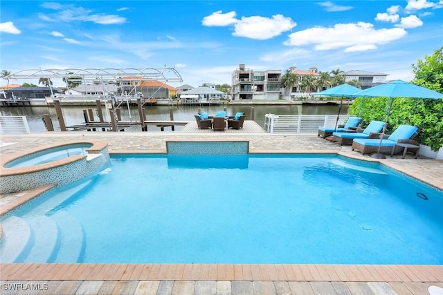 434 Conners Ave, Naples, FL 34108 - view of pool with a water view, a boat dock, a pool with connected hot tub, and boat lift