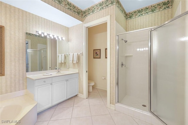 795 Bentwater Cir Unit 202, Naples, FL 34108 - full bath featuring wallpapered walls, a stall shower, tile patterned floors, a bath, and toilet