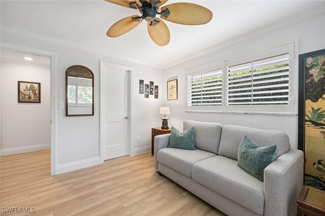 636 Park Shore Dr, Naples, FL 34103 - living room with ceiling fan, light wood-style floors, healthy amount of natural light, and crown molding