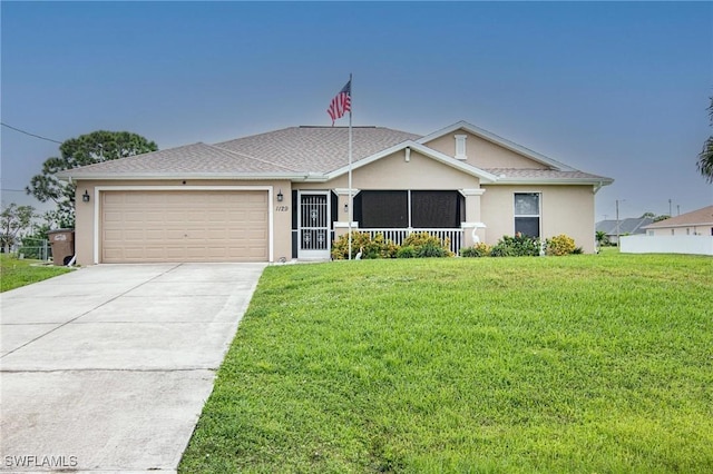 1129 NW 19th Ave, Cape Coral, FL 33993 - ranch-style house with stucco siding, a garage, a front yard, driveway, and covered porch