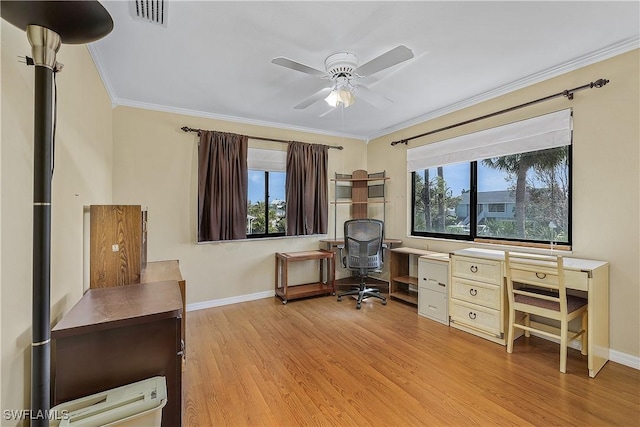 7836 Grande Pine Rd, Bokeelia, FL 33922 - office with ornamental molding, a ceiling fan, wood finished floors, and baseboards