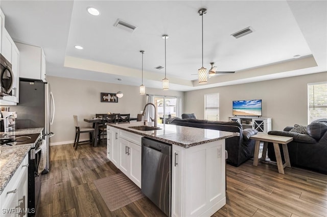 1929 NW 18th St, Cape Coral, FL 33993 - kitchen featuring appliances with stainless steel finishes, a tray ceiling, a sink, and recessed lighting