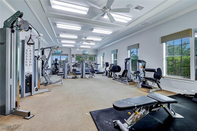 26304 Prince Pierre Way, Bonita Springs, FL 34135 - exercise room with a ceiling fan, plenty of natural light, carpet, and crown molding